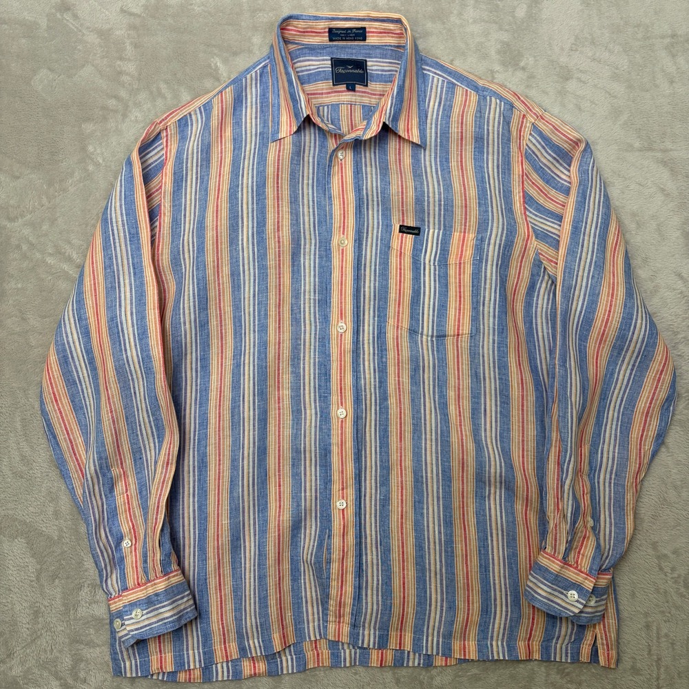 Vintage Facconable Multicolor Stripes Linen Button Up Shirt L made in Hong Kong